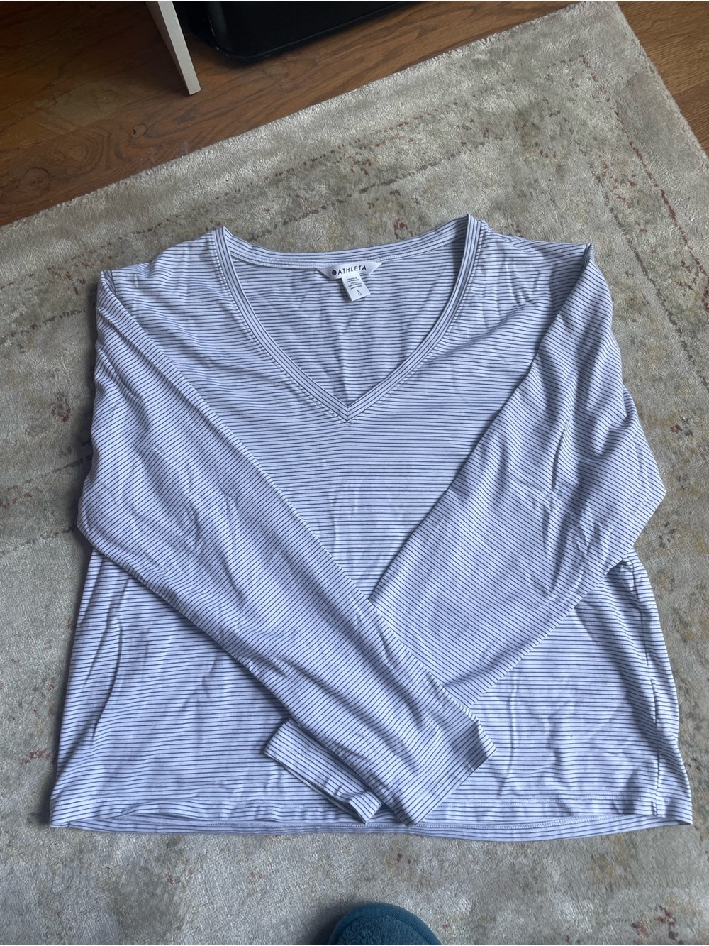 Athleta v-neck White Tee with Thin Black Stripes